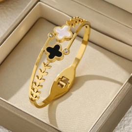 Arihant Stainless Steel Gold Plated Mother Of Pearls Two Clover Leaf Irish Design Bracelet
