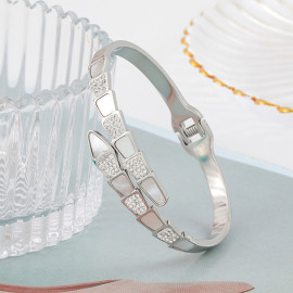 Arihant Stainless Steel Silver Plated Mother Of Pearl Snake Styled AD Studded Bracelet