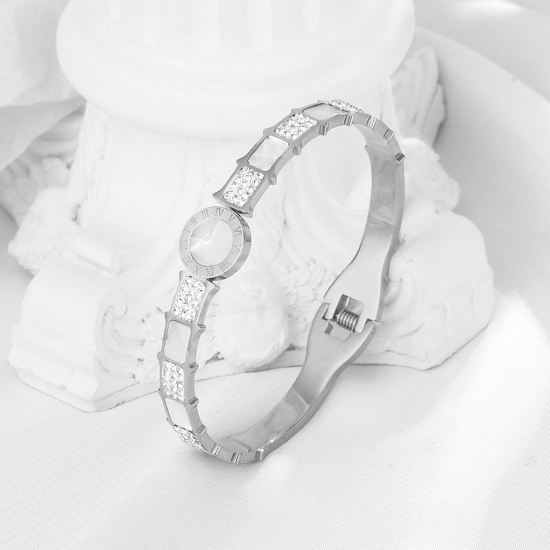 Arihant Stainless Steel Silver Plated Mother Of Pearl Roman Numerals AD Studded Bracelet