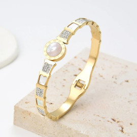 Arihant Stainless Steel Gold Plated Mother Of Pearl Roman Numerals AD Studded Bracelet