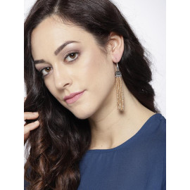 Beige & Black Silver-Plated Handcrafted Tasselled Drop Earrings 6221