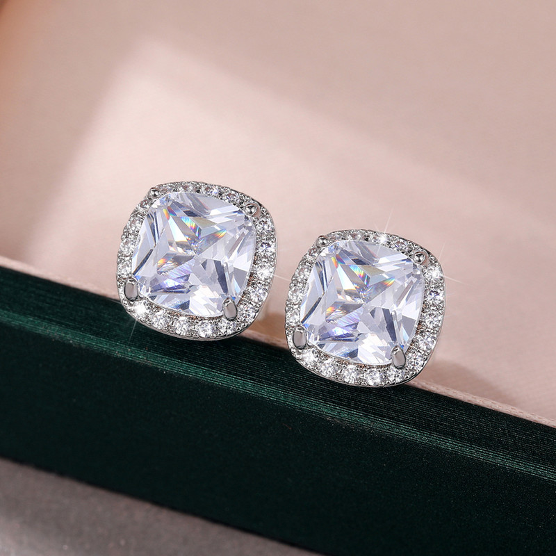 Arihant Silver Plated American Diamond Studded Square Crushed Ice Cut Stud Earrings