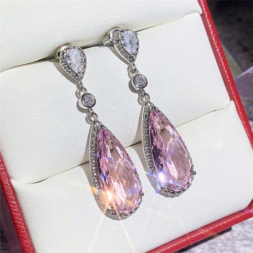 Arihant Silver Plated American Diamond Studded Pink Teardop Shape Ice Cut Drop Earrings