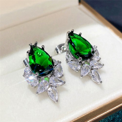 Arihant Silver Plated American Diamond Studded Green Crushed Ice Cut Drop Earrings