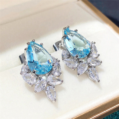 Arihant Silver Plated American Diamond Studded Blue Crushed Ice Cut Drop Earrings