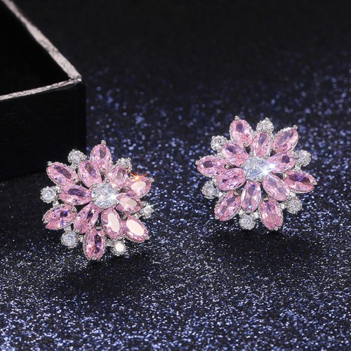 Arihant Silver Plated American Diamond Studded Floral Pink Stud Earrings