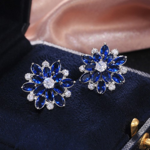 Arihant Silver Plated American Diamond Studded Floral Blue Stud Earrings