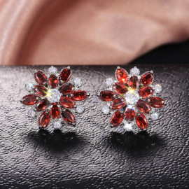 Arihant Silver Plated American Diamond Studded Floral Red Stud Earrings