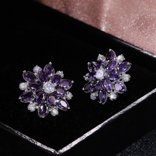 Arihant Silver Plated American Diamond Studded Floral Purple Stud Earrings