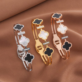 Arihant Stainless Steel Gold, Rose Gold and Silver Mother Of Pearls Three Clover Leaf Irish Design Bracelet
