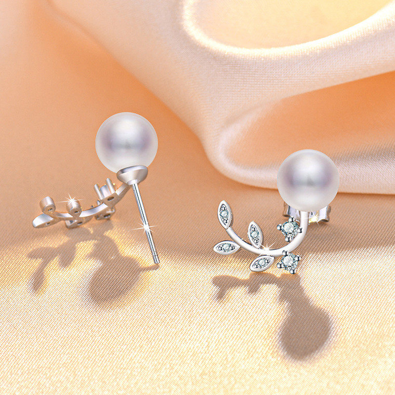Arihant Silver Plated American Diamond Studded Pearl Leaf Korean Stud Earrings