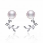 Arihant Silver Plated American Diamond Studded Pearl Leaf Korean Stud Earrings