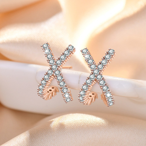 Arihant Rose Gold Plated American Diamond Studded Cross Shape Korean Stud Earrings