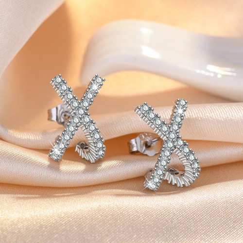 Arihant Silver Plated American Diamond Studded Cross Shape Korean Stud Earrings