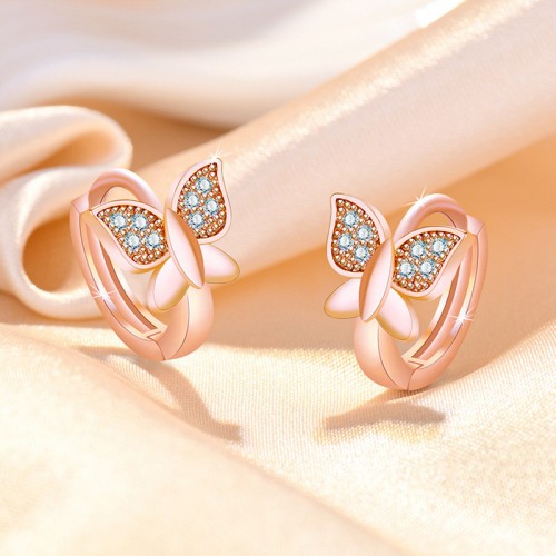 Arihant Rose Gold Plated American Diamond Studded Butterfly Shape Korean Hoop Earrings