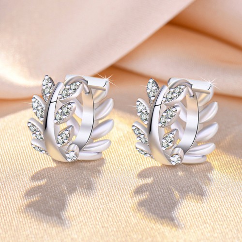 Arihant Silver Plated American Diamond Studded Leaf inspired Hoop Earrings