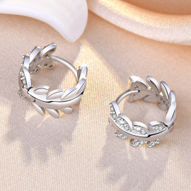 Arihant Silver Plated American Diamond Studded Leaf inspired Hoop Earrings