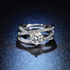 Arihant Silver Plated American Diamond Studded Cross Shape Solitaire Adjustable Finger Ring