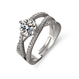 Arihant Silver Plated American Diamond Studded Cross Shape Solitaire Adjustable Finger Ring