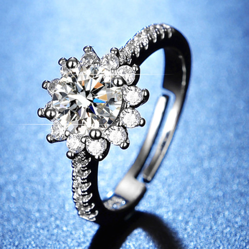 Arihant Silver Plated American Diamond Studded Floral Anti Tarnish Adjustable Solitaire Ring