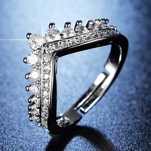 Arihant Silver Plated American Diamond Studded V Shape Contemporary Adjustable Finger Ring