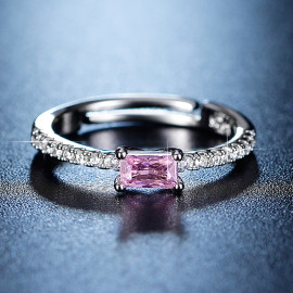 Arihant Silver Plated American Diamond Studded Rectangular Pink Stone Adjustable Finger Ring