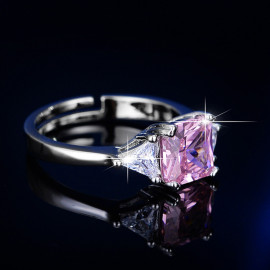 Arihant Silver Plated American Diamond Studded Rectangular Pink Stone Adjustable Finger Ring