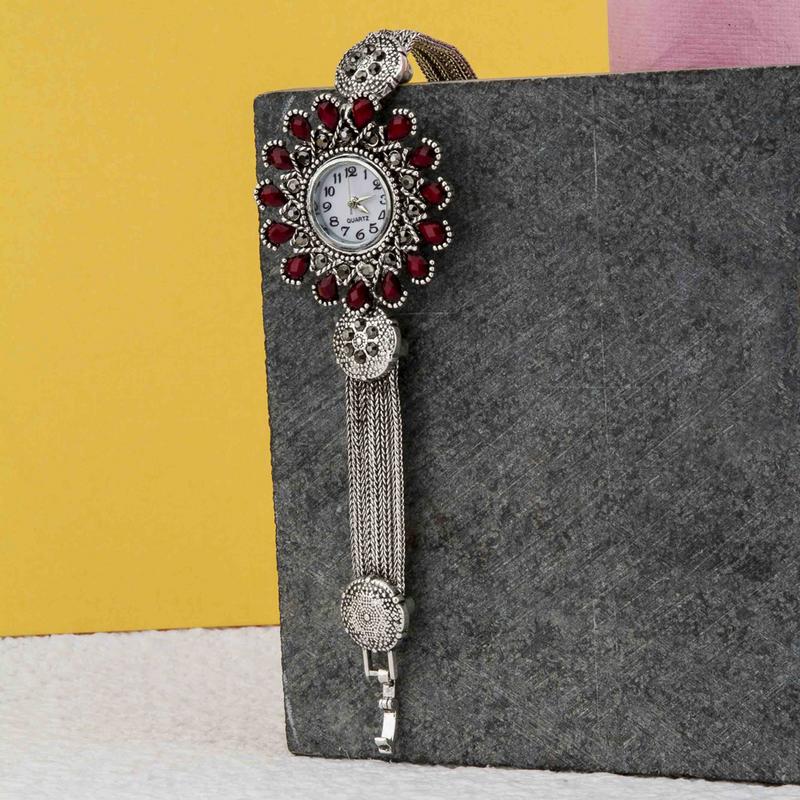 Arihant Platinum Plated Red Mayur AD Bracelet Watch 9087
