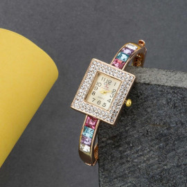 Arihant Rose Plated American Diamond Multicolor Designer Bracelet Watch 9118