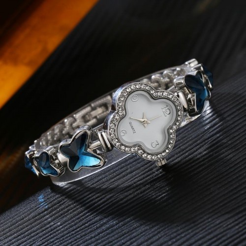 Arihant Platinum Plated Navy Blue Crystal Bracelet Watch 9124