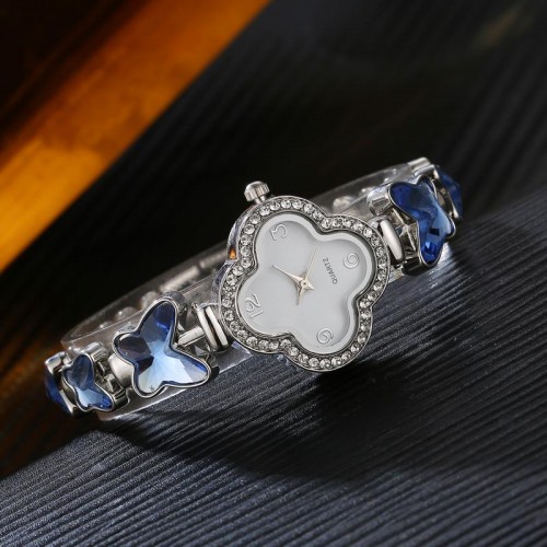 Arihant Platinum Plated Blue Crystal Bracelet Watc...