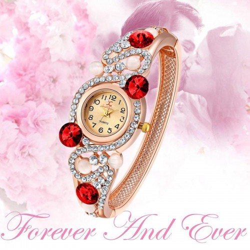 Arihant Rose Plated American Diamond Red Designer Bracelet Watch 9112