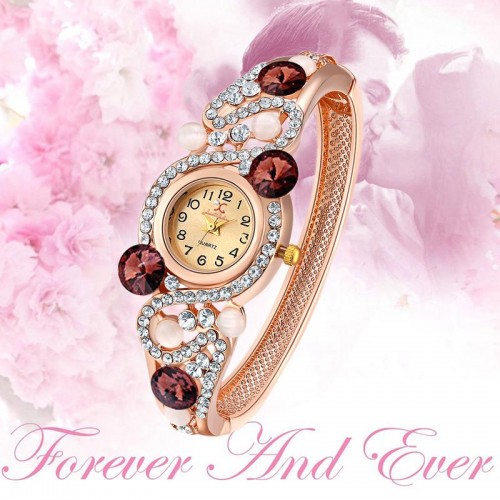 Arihant Rose Plated American Diamond Brown Designer Bracelet Watch 9113